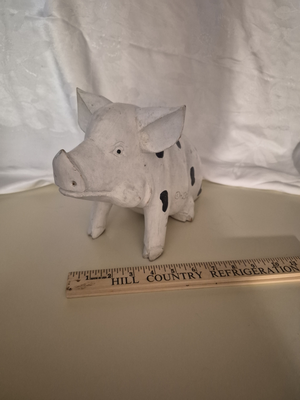 White Wooden Pig Figurine with Black Spots - Home Art Accent